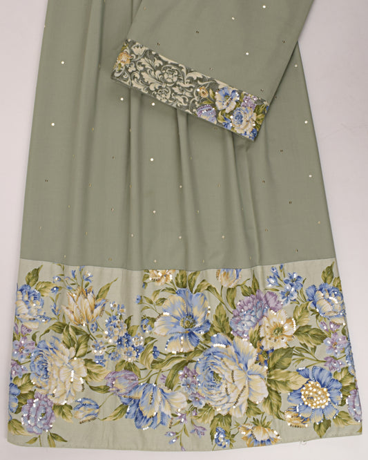 Sage Green Rida With Smart Floral Panel Aari Work Touch Up & All Over Tikri