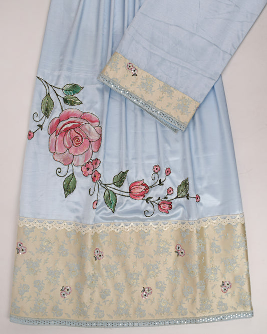 Light Blue Silk Rida With Heavy Panel Belt & Rose Painting Black Border