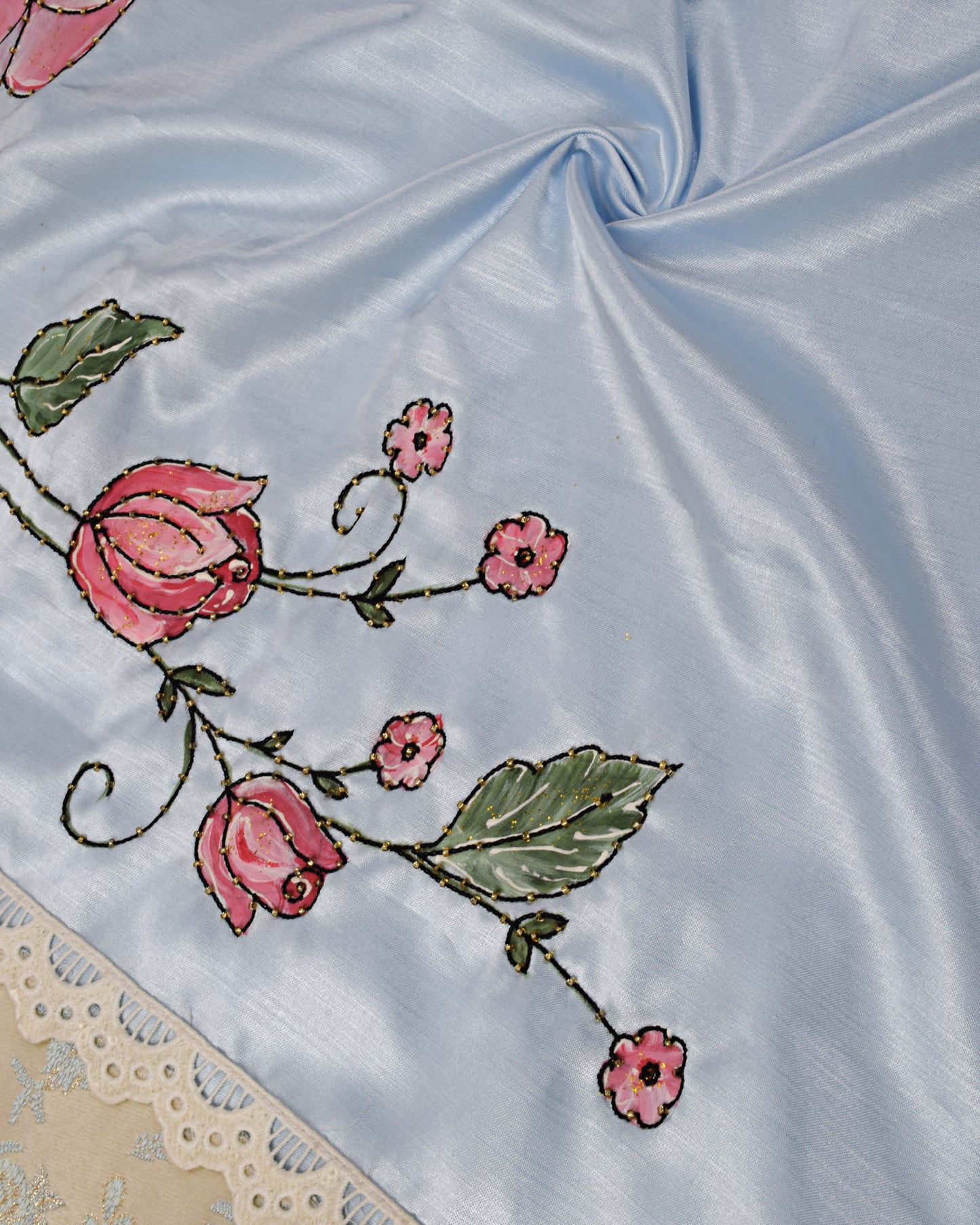 Light Blue Silk Rida With Heavy Panel Belt & Rose Painting Black Border