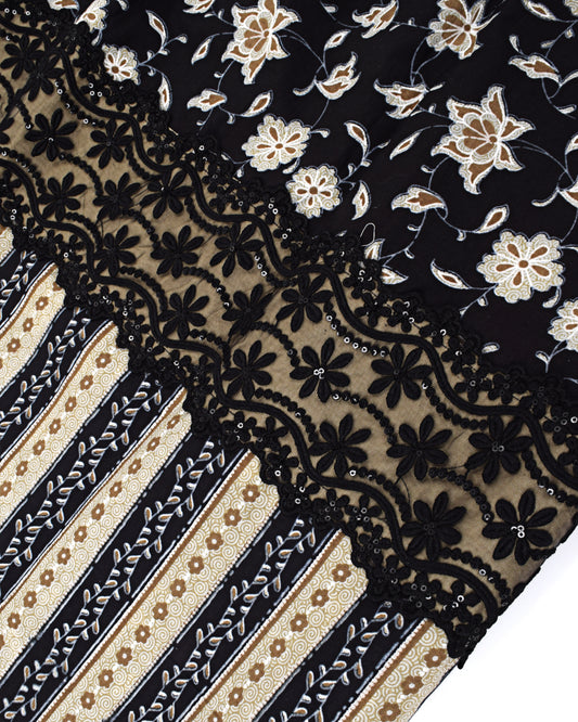 Black Base Printed Batik Rida With Smart Batik Panel & Lace