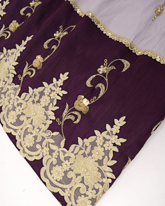 Lilac Silky Rida With Smart Dark Wine Panel Heavy Lace & Aari Work -4500/-