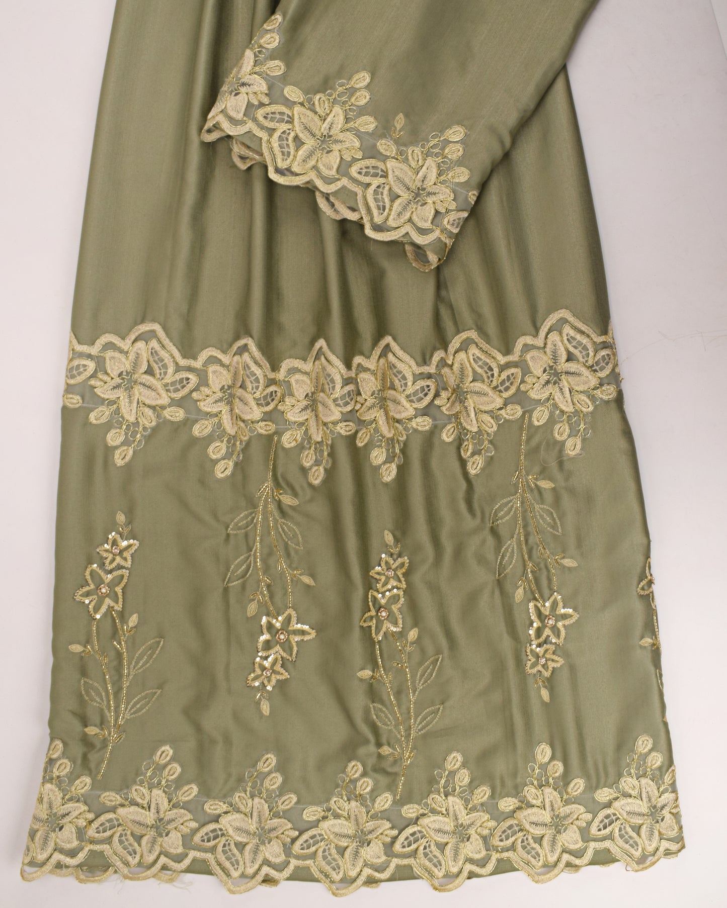 Sage Green Rida With Heavy Golden Lace & Floral Aari Work-4750/-