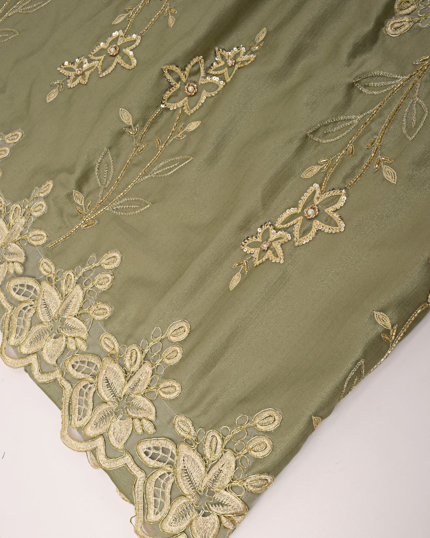 Sage Green Rida With Heavy Golden Lace & Floral Aari Work-4750/-