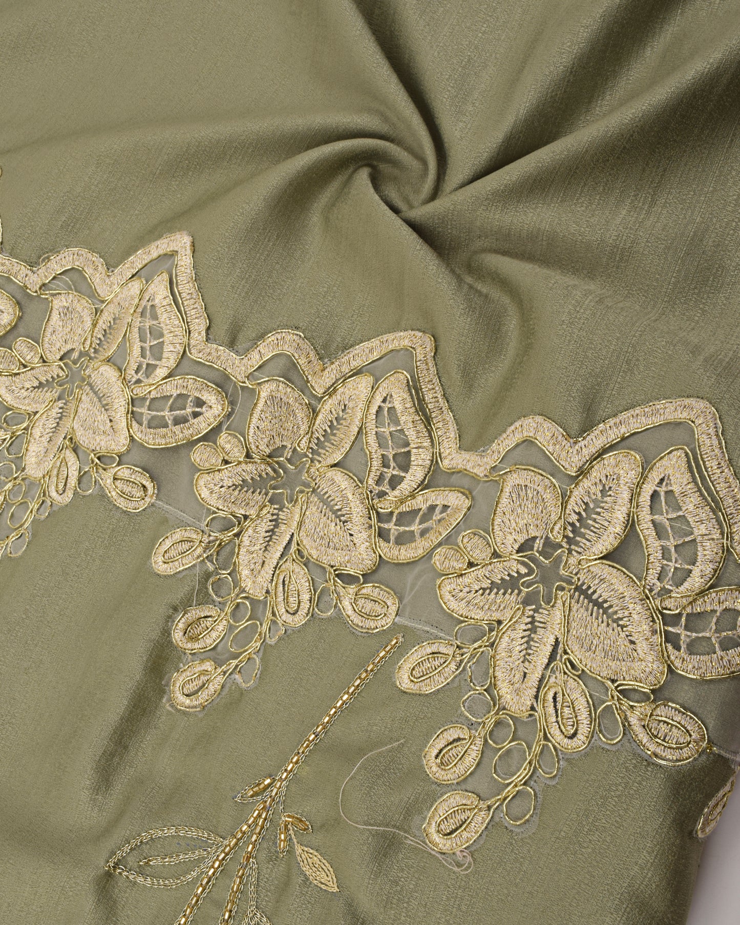 Sage Green Rida With Heavy Golden Lace & Floral Aari Work-4750/-