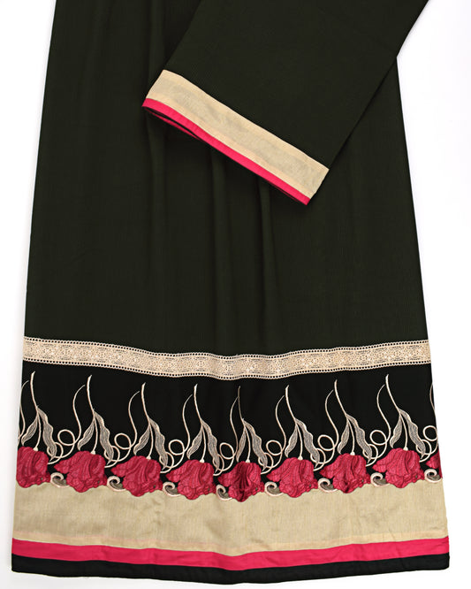 Dark Mehndi Green Abaya Rida With Smart Rose Lace & Cream Panel