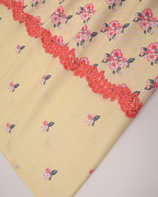 Lemon Yellow Printed Rida With Smart Printed Panel & Lace