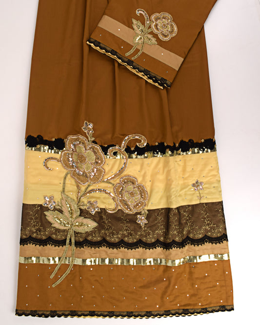 Dark Golden Rida With Smart Lace & Aari Work Bunch