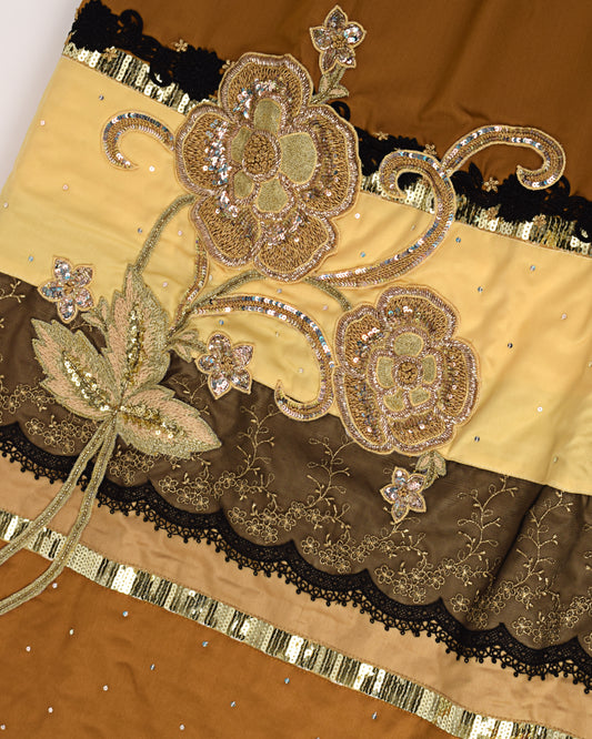 Dark Golden Rida With Smart Lace & Aari Work Bunch