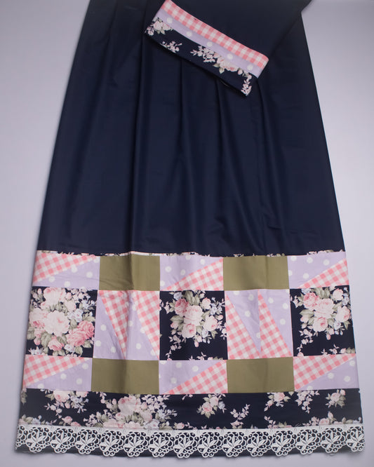 Navy Blue Rida With Pattern Panel & Floral Patta With Lace