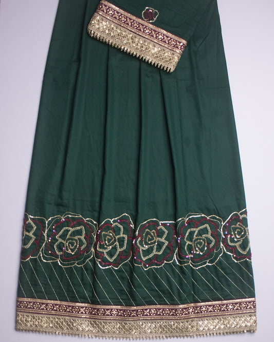 Dark Green Rida With Floral Aari Work & Heavy Look Lace