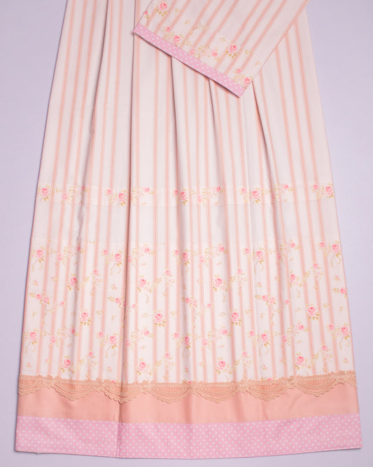 Cream Light Brown Stripes Rida With Rose Print Panel & Smart Lace