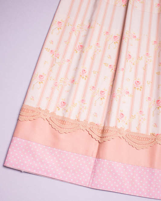 Cream Light Brown Stripes Rida With Rose Print Panel & Smart Lace