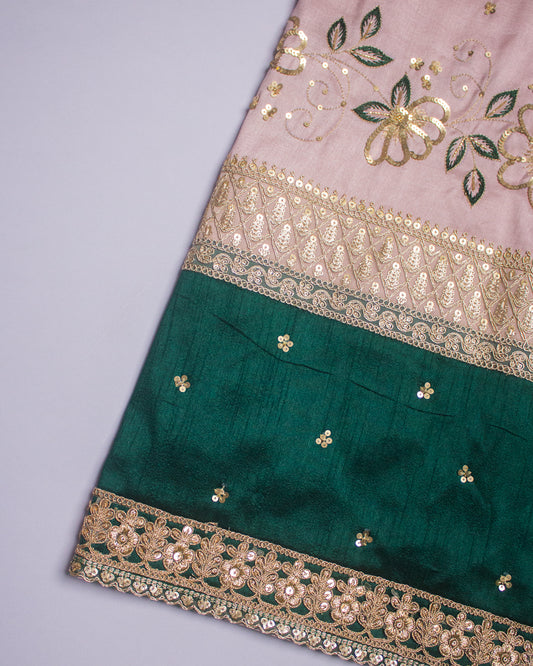 Rose Gold Rida With Heavy Look Lace Dark Green Panel & Border Aari Work