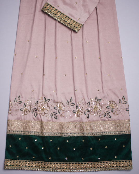 Rose Gold Rida With Heavy Look Lace Dark Green Panel & Border Aari Work