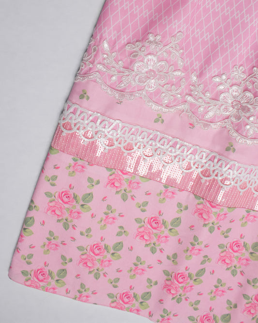 Baby Pink Printed Rida With Smart Printed Panel & Lace