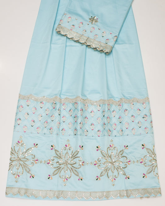 Light Blue Rida With Heavy Look Belt & Floral Aari Work