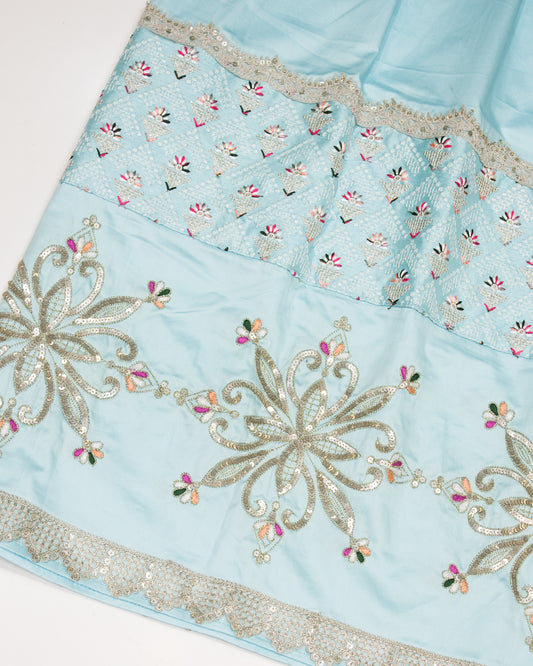 Light Blue Rida With Heavy Look Belt & Floral Aari Work