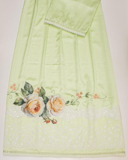 Light Green Silk Material Rida With Smart Sequence Lace & Rose Applique