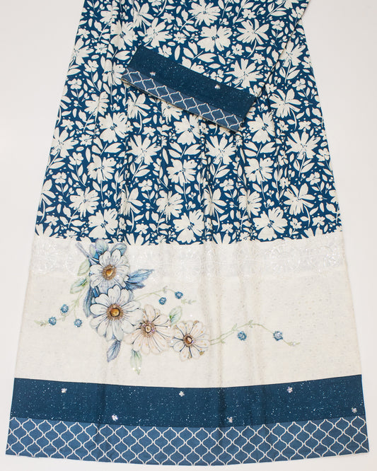 Peacock Blue Printed Rida With Hakoba Panel & Floral Aari Bunch