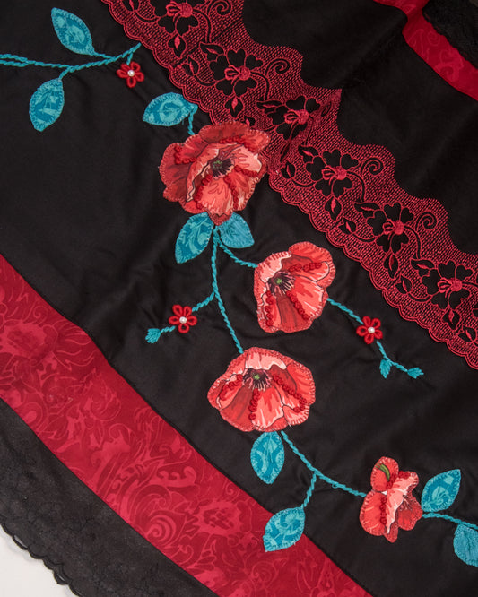 Black Rida With Smart Lace Red Panel & Floral Work