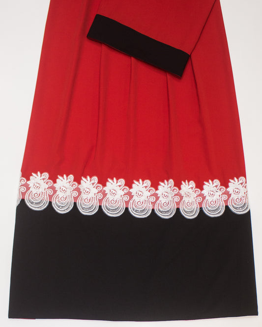 Red Abaya Rida With Smart Lace & Black Plain Panel