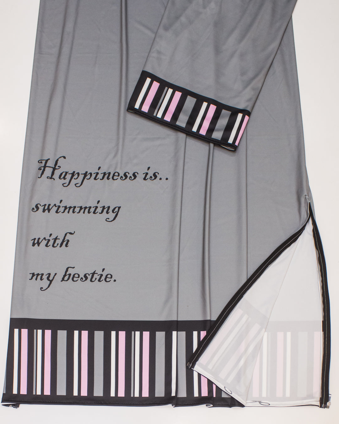 Dark Grey Swim Wear With Multi Stripes Panel & Quote Happiness Is Swim With Bestie