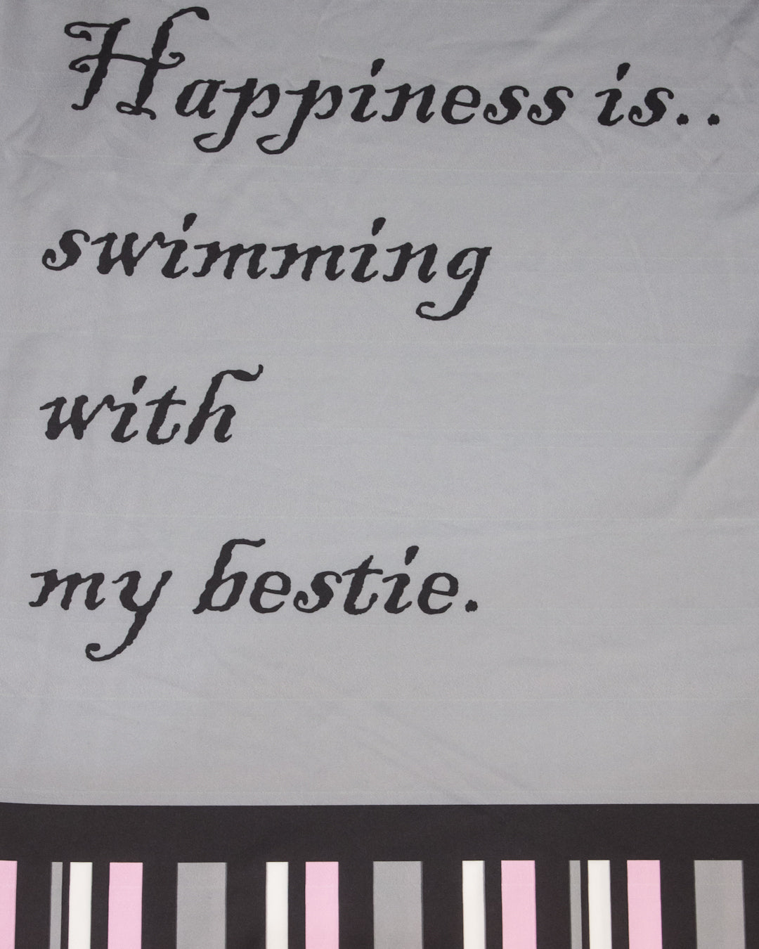 Dark Grey Swim Wear With Multi Stripes Panel & Quote Happiness Is Swim With Bestie