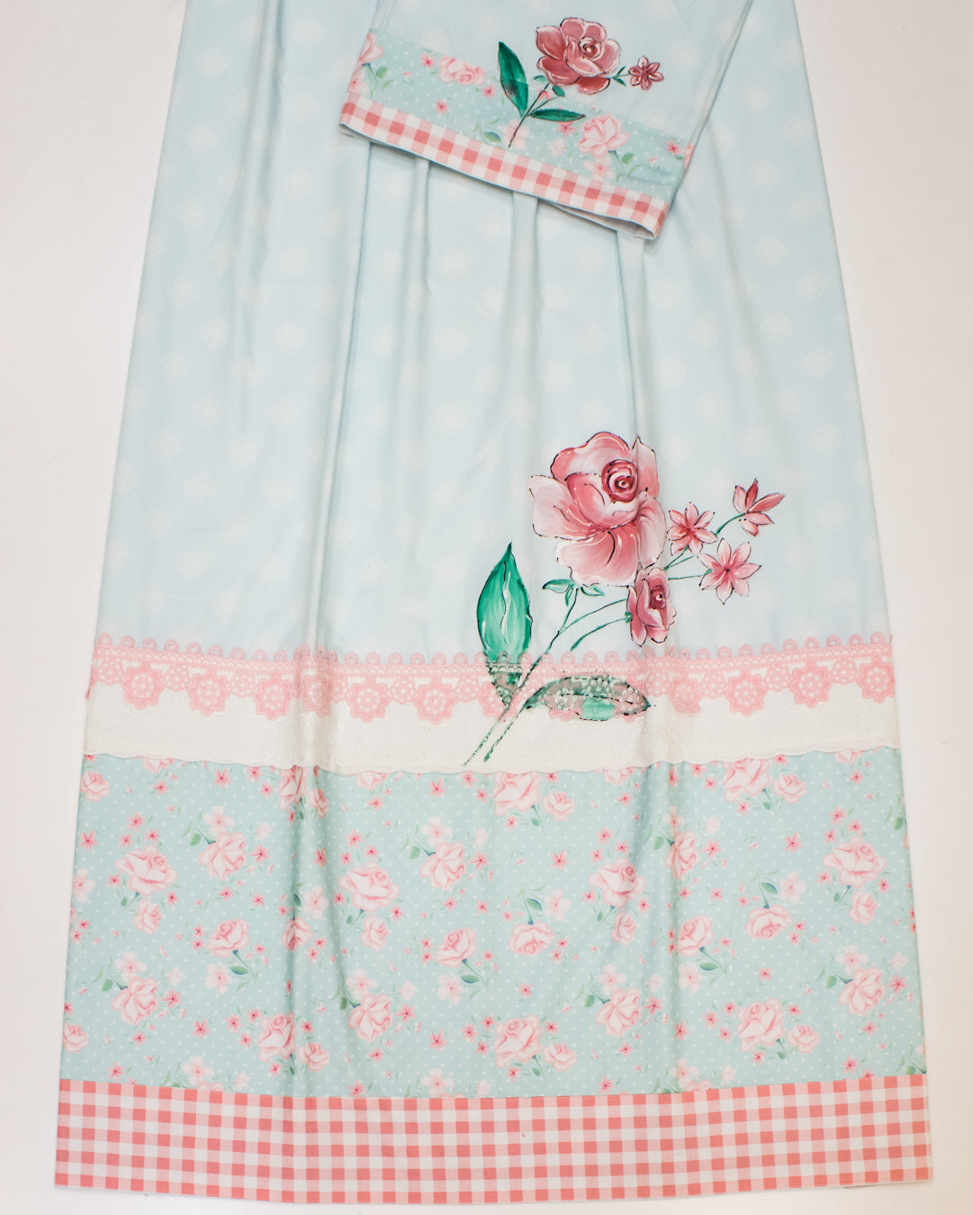 Light Blue Self Print Rida With Smart Floral Work & Floral Panel