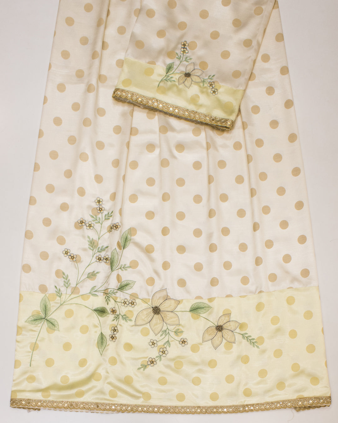 Cream Base Golden Dots Silky Rida With Smart Panel & Floral Work