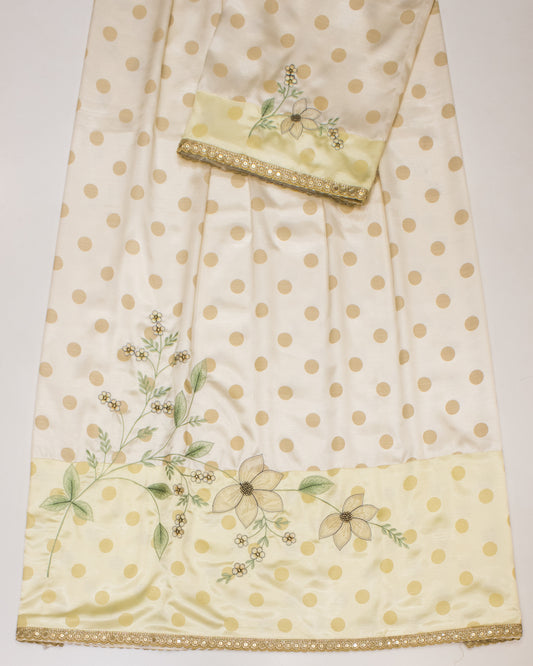 Cream Base Golden Dots Silky Rida With Smart Panel & Floral Work