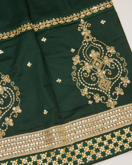 Dark Green Rida With Golden Lace & Golden Aari Work