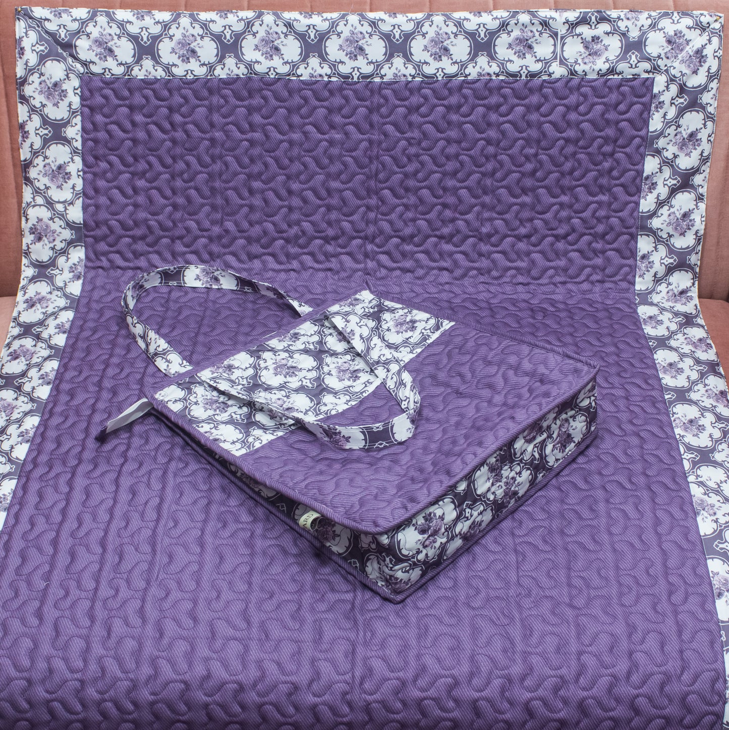 Dark Purple Floral Border Quilted Masallah & Bag Set With Additional Front Pocket